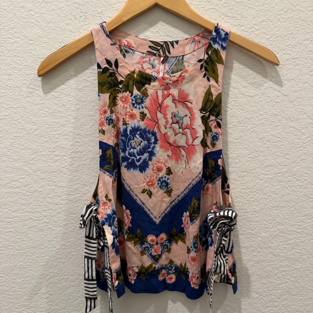 Free People Floral Side Tie Tank Top Pink Blue‎ Striped Accents XS Boho